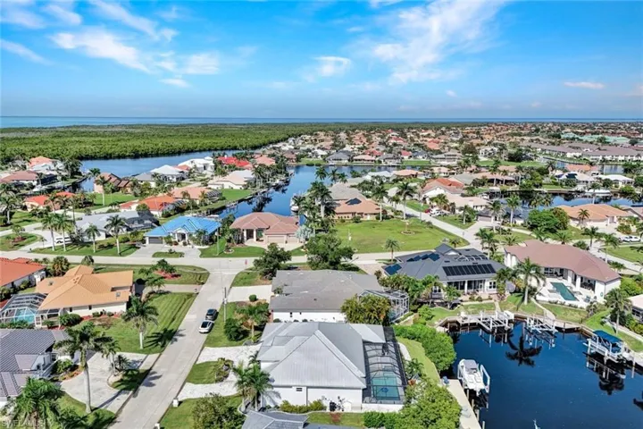 Aerial perspective of suburban area with a large body of water