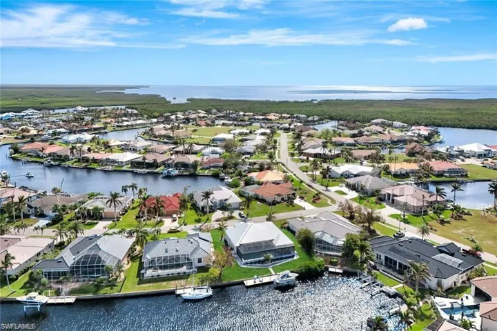 Aerial view of residential area with a large body of water