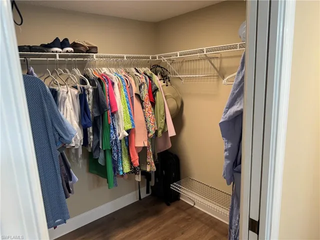 Walk in closet with wood-type flooring