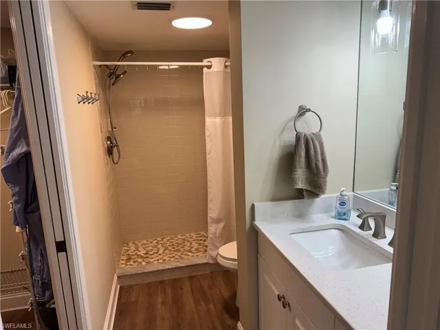 Bathroom featuring toilet, vanity, wood-type flooring, and curtained shower