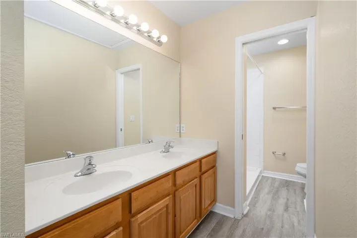 Bathroom with walk in shower, vanity, wood-type flooring, and toilet