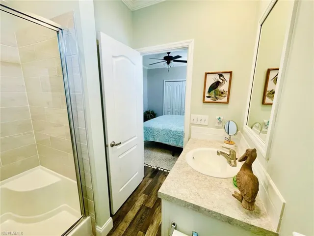Bathroom with a shower and a vanity.