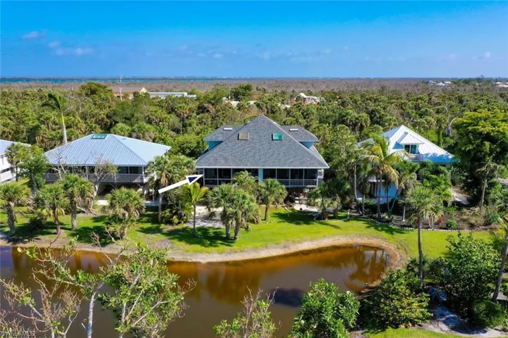 Bird's eye view featuring a water view and a view of trees