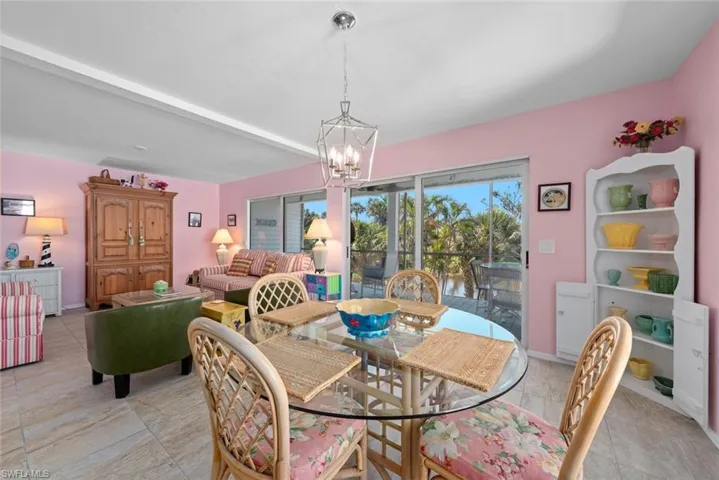 Dining area featuring an inviting chandelier