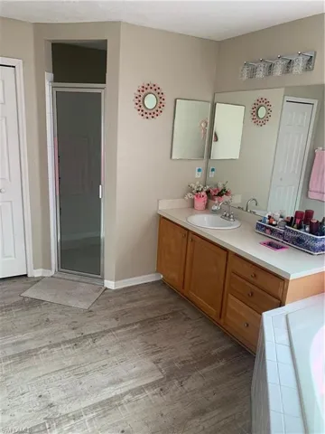 Bathroom featuring vanity, shower with separate bathtub, and hardwood / wood-style floors