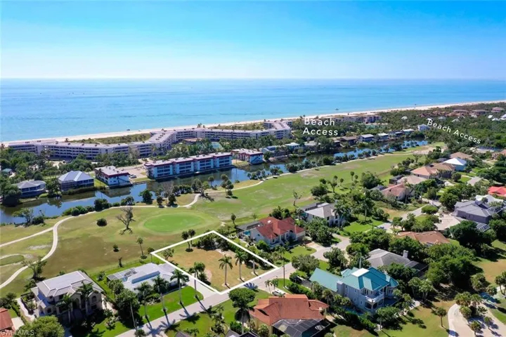 Aerial overview of property's location with a local golf course, a large body of water, and property boundaries highlighted