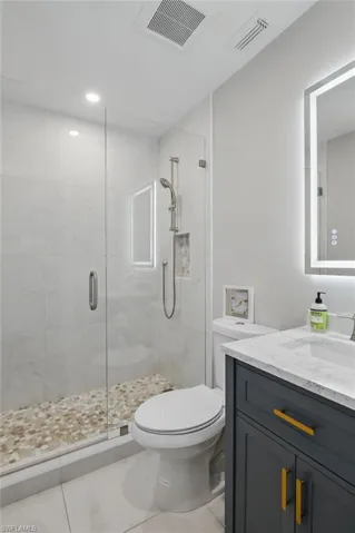 Bathroom with toilet, visible vents, tile patterned flooring, and a stall shower