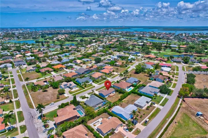 Birds eye view of property with a water view and a residential view