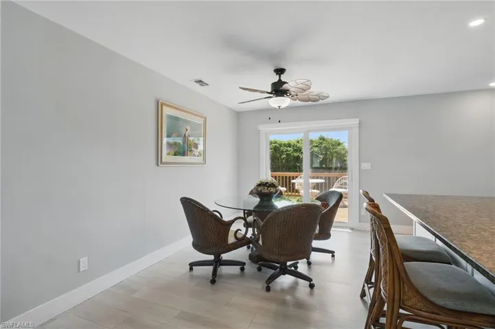Dining space featuring a ceiling fan, recessed lighting, baseboards, and visible vents