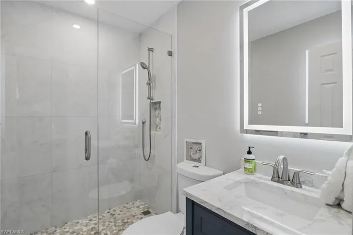 Full bathroom with toilet, vanity, and a shower stall