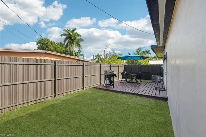 Fenced backyard with a wooden deck