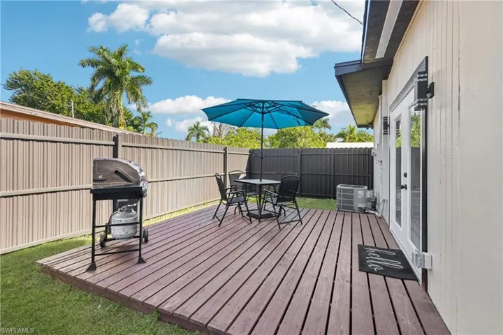 Deck featuring area for grilling, a fenced backyard, and outdoor dining space