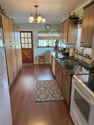 Kitchen with sink, dark hardwood / wood-style flooring, a notable chandelier, and ornamental molding