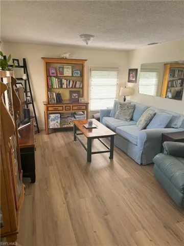 Living room with a textured ceiling and light hardwood / wood-style floors