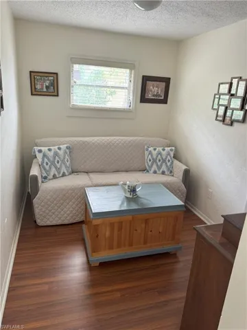 Living room with dark hardwood / wood-style floors and a textured ceiling