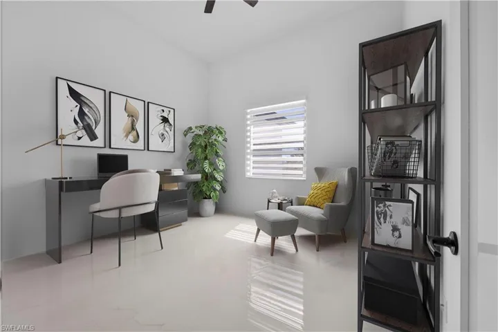 Virtually Staged-Home office featuring ceiling fan