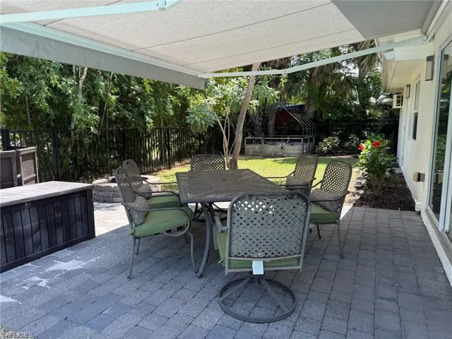 Fenced backyard featuring a patio area and outdoor dining area