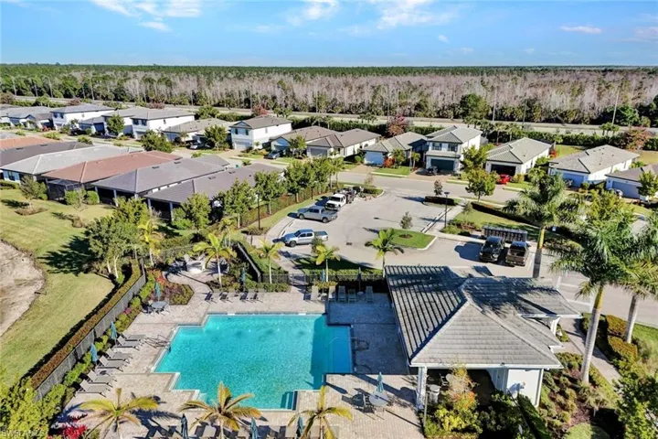 Aerial view of residential area featuring a pool area