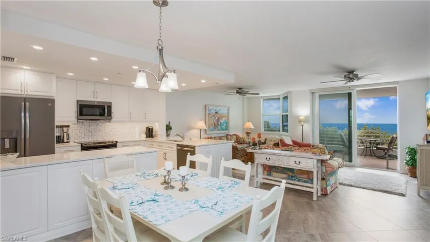 Dining room featuring ceiling fan and sink