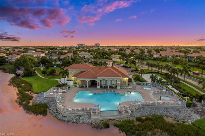 Community Pool and Clubhouse at dusk