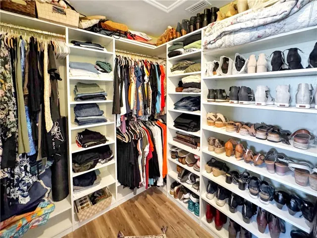 Walk in closet with wood finished floors