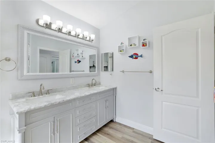 Bathroom with hardwood / wood-style floors and vanity