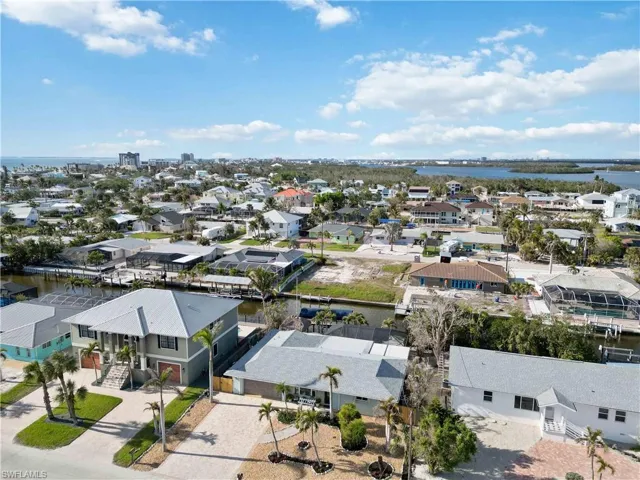 Birds eye view of property with a water view and a residential view