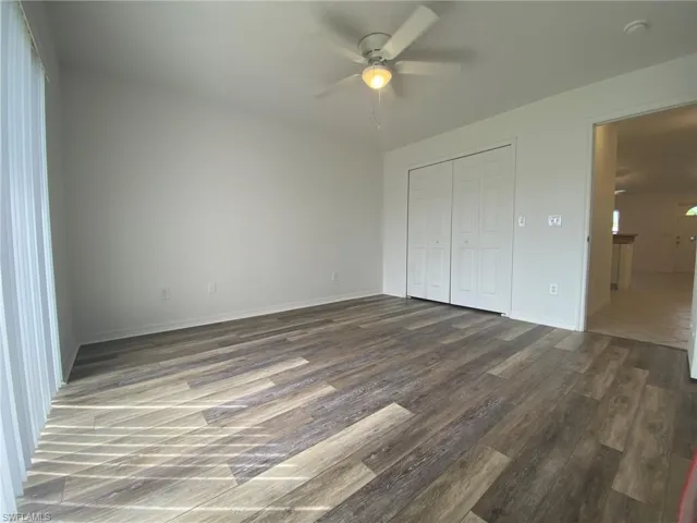 Master Bedroom has large closet, LVP flooring, ceiling fan and adjoining bath.
