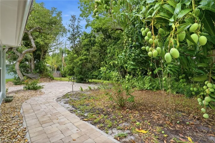 Hardscaped paver walkway extending into a spacious backyard