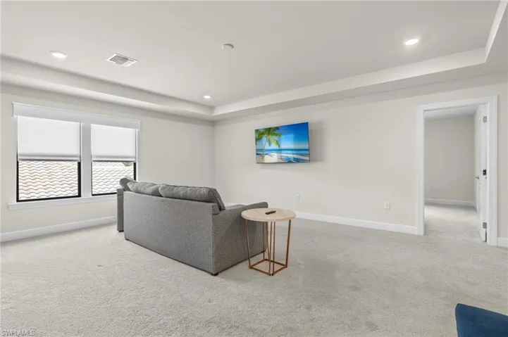 Carpeted living room featuring a raised ceiling
