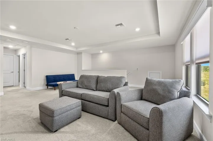 Carpeted living room featuring a tray ceiling