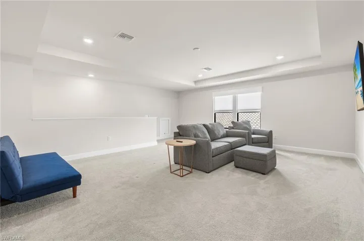 Living room featuring a tray ceiling and carpet floors