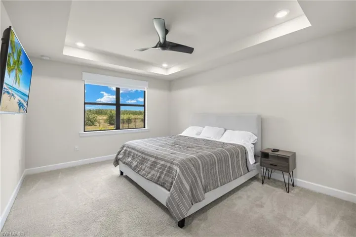 Bedroom with carpet, ceiling fan, and a raised ceiling