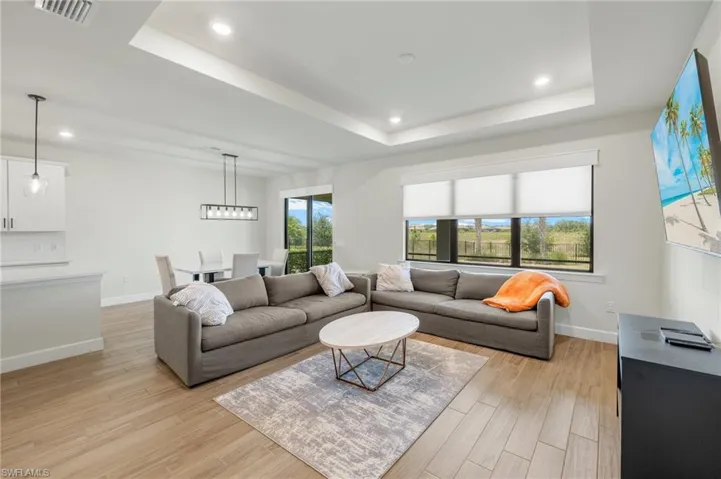 Living room with plenty of natural light, a raised ceiling, and light hardwood / wood-style floors