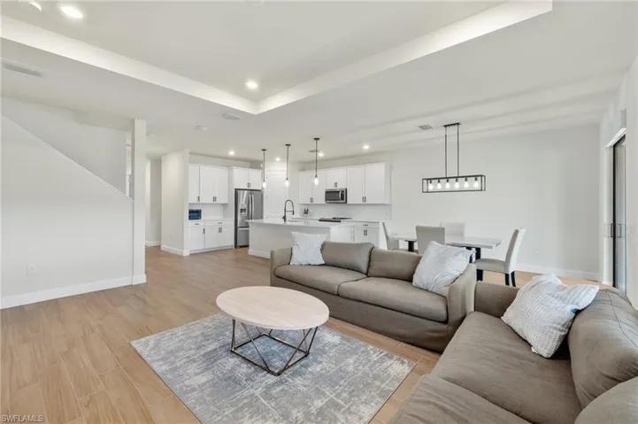 Living room with sink, light hardwood / wood-style flooring, and a raised ceiling