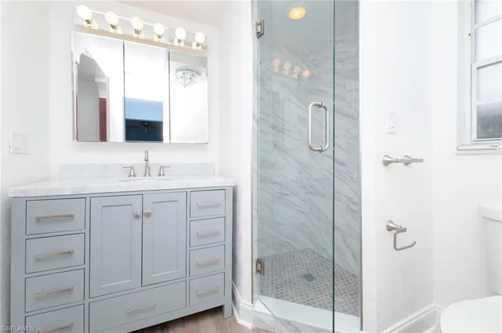 Bathroom featuring an enclosed shower, vanity, toilet, and hardwood / wood-style floors