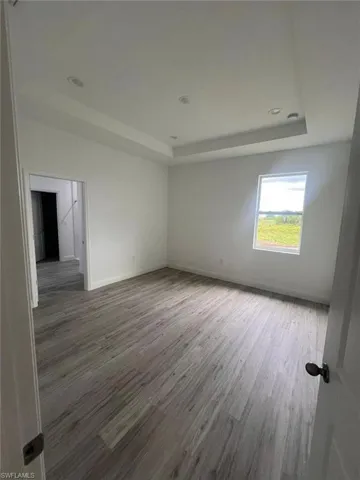 Empty room featuring a raised ceiling and hardwood / wood-style flooring