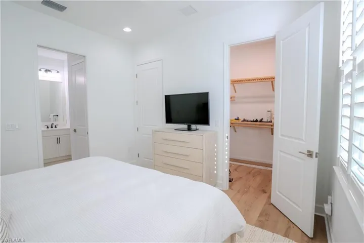 Bedroom featuring a closet, light hardwood / wood-style floors, sink, connected bathroom, and a spacious closet