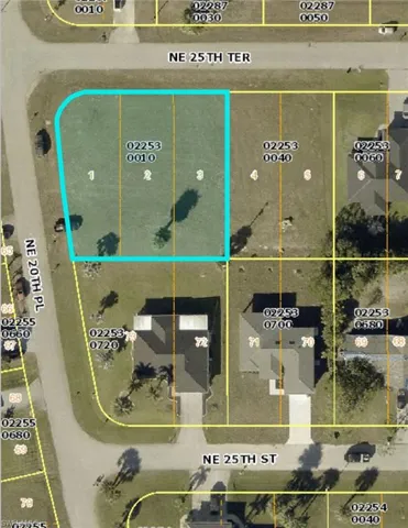 Aerial map of property and surrounding area with property parcel outlined