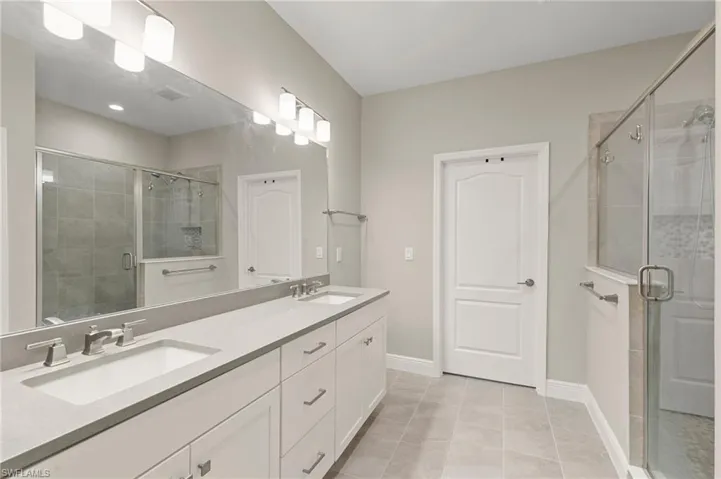 Full bath featuring double vanity and a shower stall