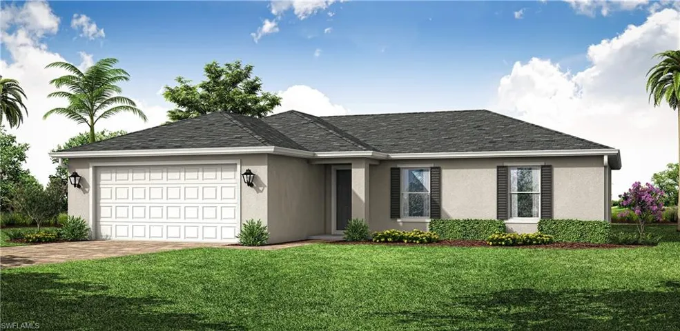Ranch-style home with a front lawn, stucco siding, driveway, an attached garage, and roof with shingles