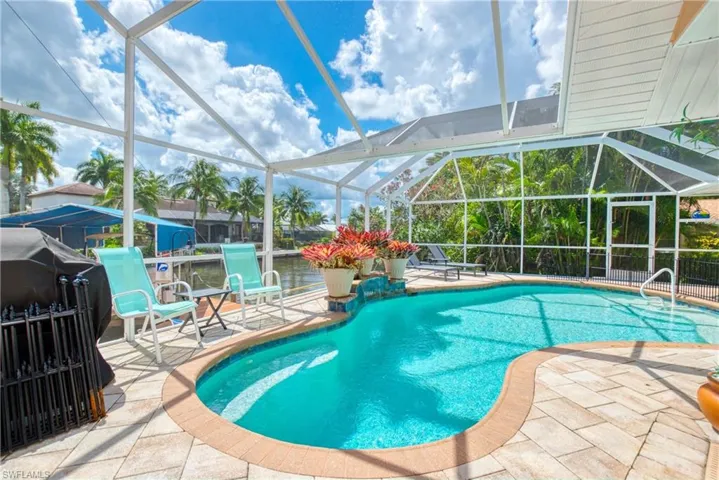 Swimming pool with a lanai, a patio, a sunroom, and grilling area