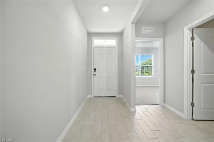 Entry foyer featuring wood-finish tile flooring and crisp white baseboards