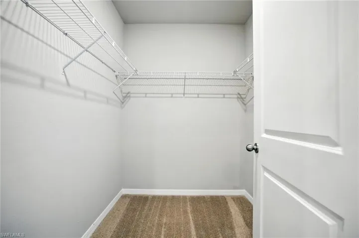Walk-in closet featuring light gray walls, white wire shelving, a white paneled door, a silver-toned doorknob, and neutral-toned carpeting