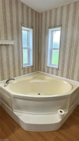Bathroom featuring wood finished floors and healthy amount of natural light