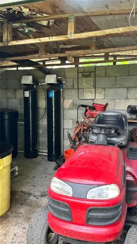 Garage with concrete block wall