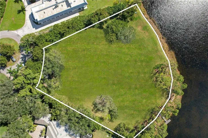 Birds eye view of property with a water view