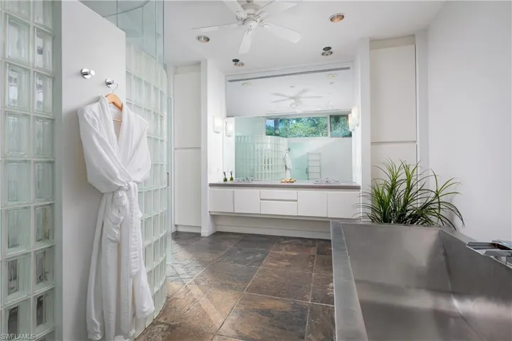 Bathroom featuring ceiling fan and vanity