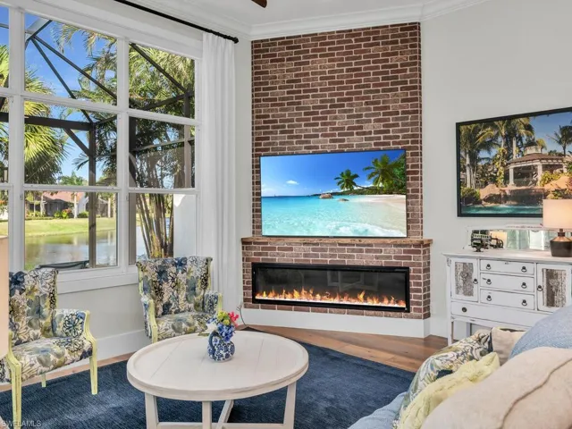 Electric fireplace, brick feature wall