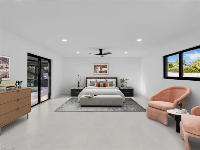 Bedroom with access to outside, recessed lighting, and ceiling fan